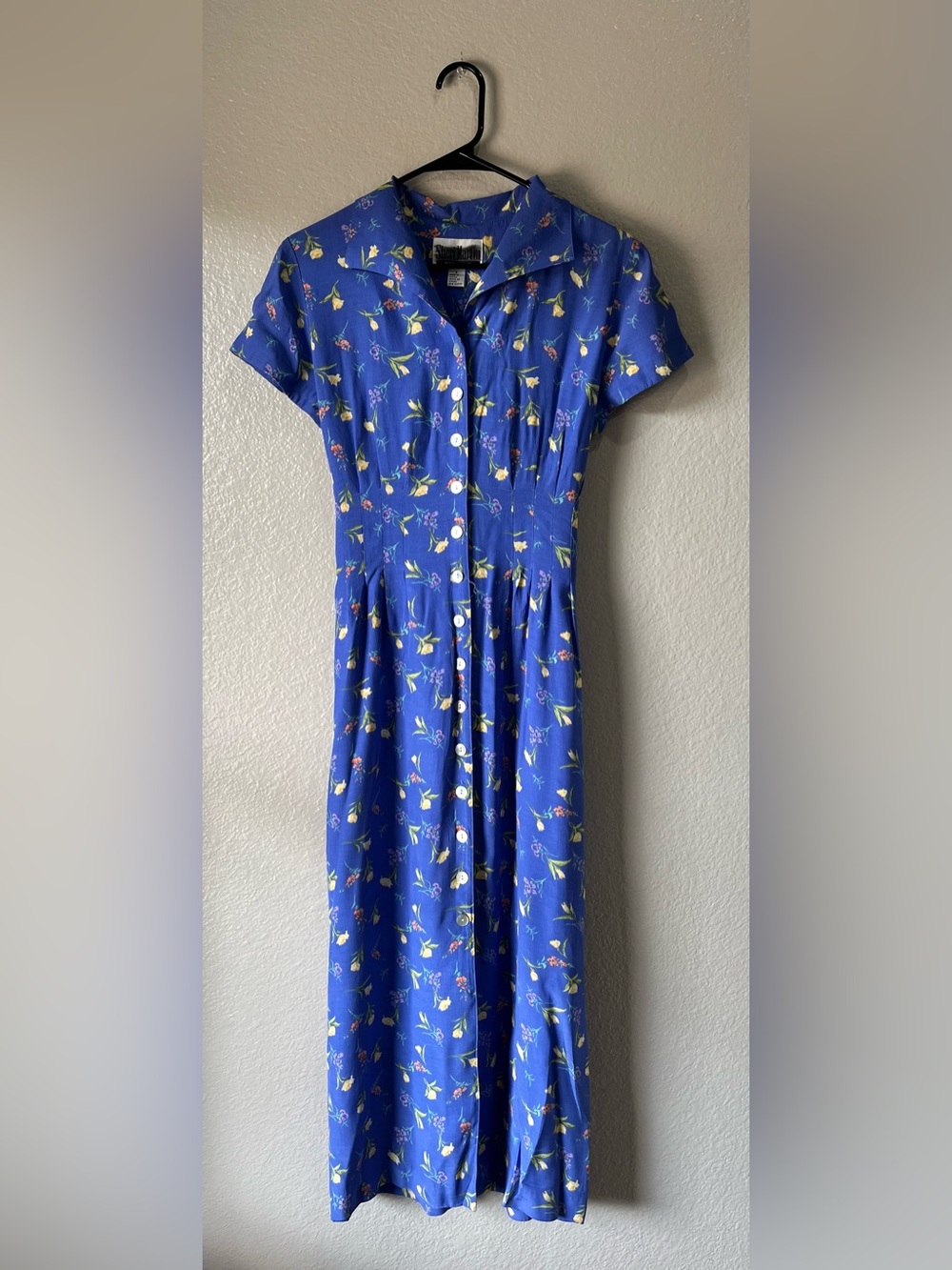 Vintage Sheri Martin Blue Floral Button-Front Midi Dress Sz 8 Summer TC0514